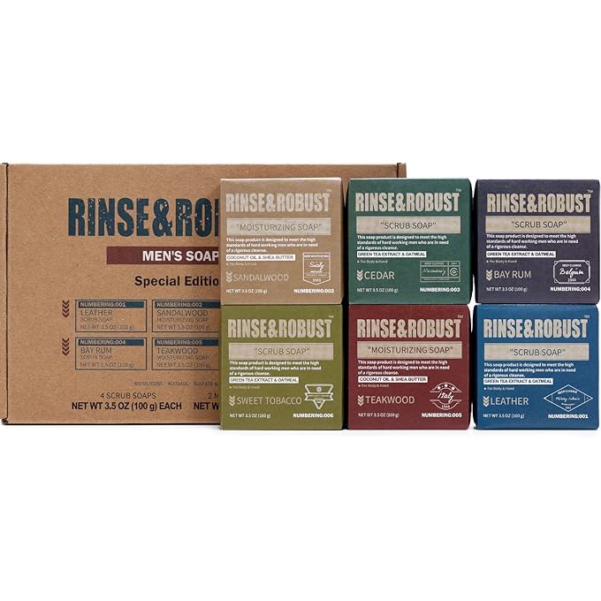رينس & روبوست صابون Rinse & Robust Bath Bar ست قطع من مجموعة صابون مرطب ومقشر للرجال مجموعة جل الجسم واليد، خشب الصندل، خشب الأرز، روم الخليج، خشب الساج، تبغ حلو، هدية عيد للرجال - Image 1